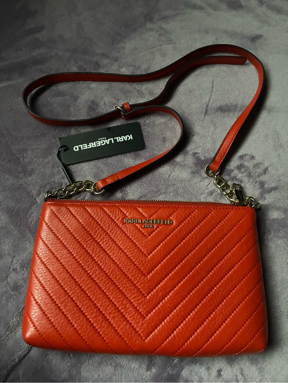 Karl Lagerfeld Orange Quilted Chevron Crossbody Bag